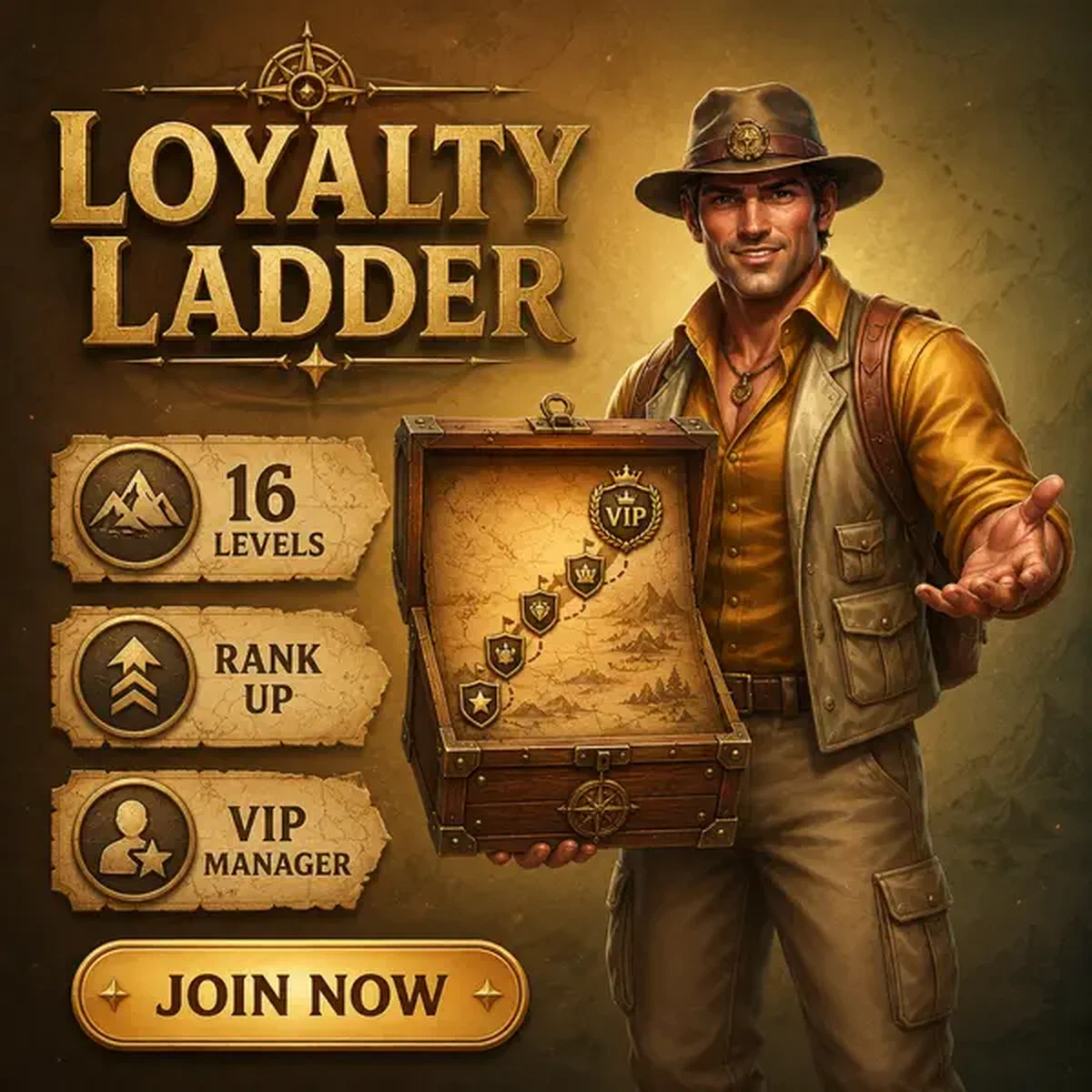 Aventurero explorador listo para hacer login en el cofre de lealtad VIP de Rolldorado Casino
