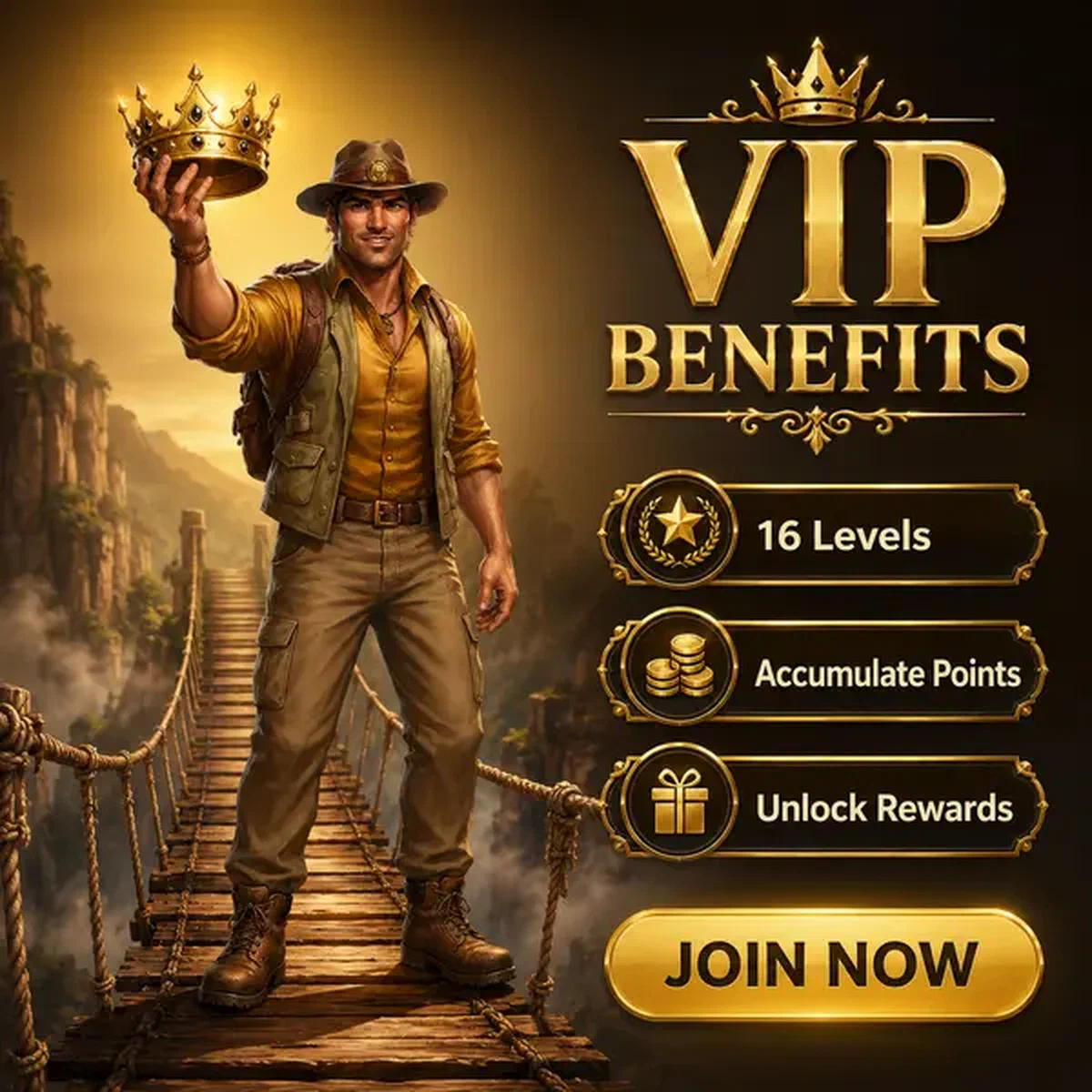 Pathfinder sostiene corona VIP dorada después de registrarse en Rolldorado Casino para recompensas exclusivas