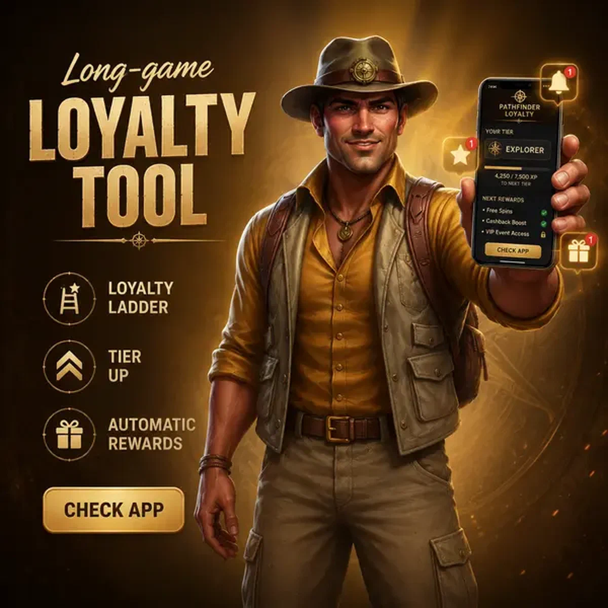 Jugador revisando la app móvil de [Brand] con recompensas de fidelidad brillando en pantalla