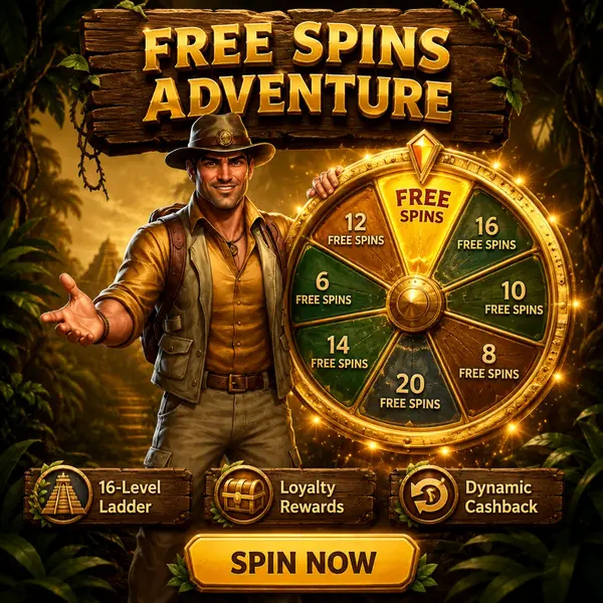 Explorador agarrando rueda de premios brillante mientras caen tiradas gratis en Rolldorado Casino