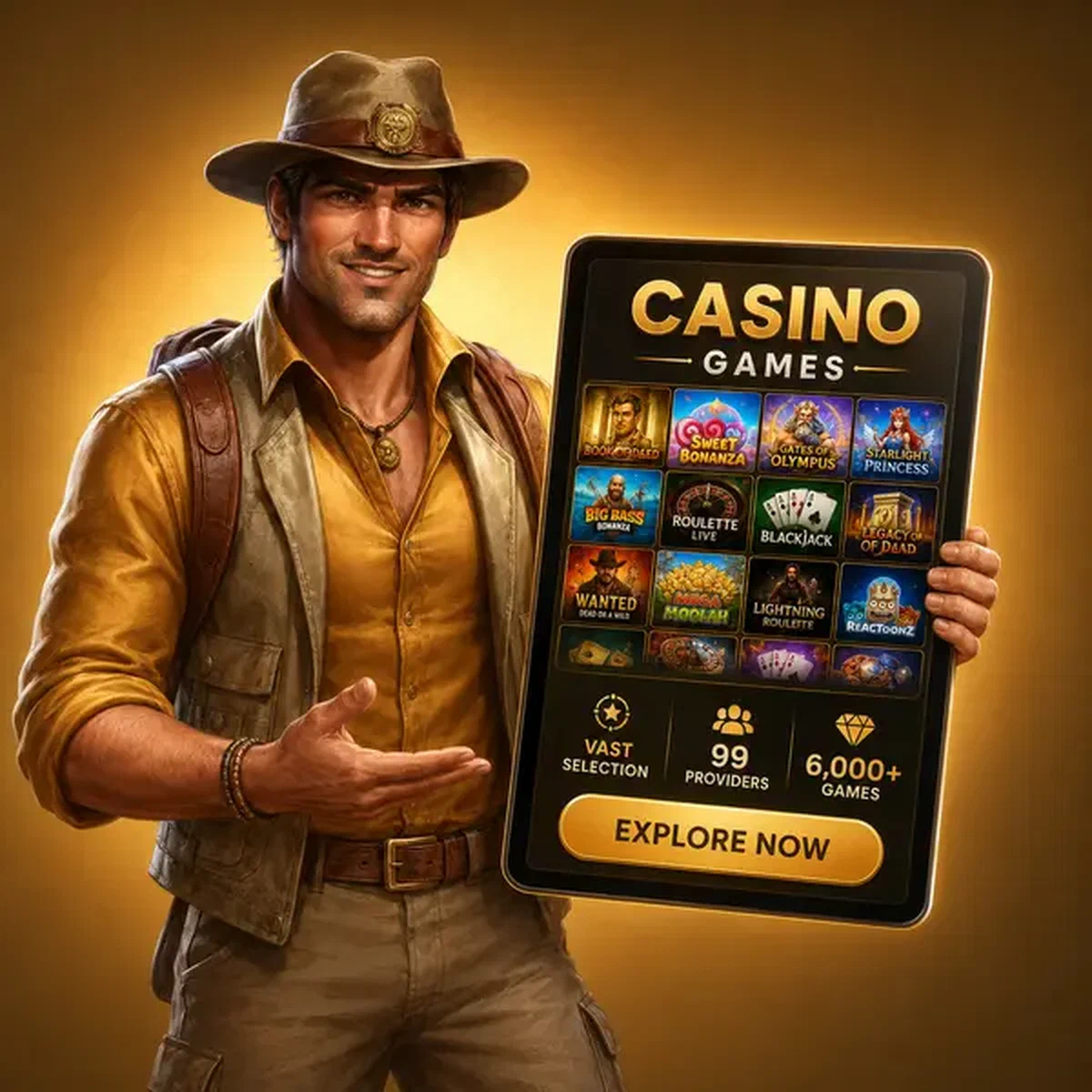 El Pathfinder mostrando el vasto catálogo de juegos de Rolldorado Casino en una interfaz de tablet brillante