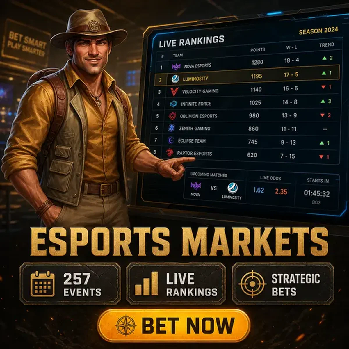 Aventurero robusto analizando clasificaciones de esports en pantalla de tabla de posiciones Season-Long Rolldorado