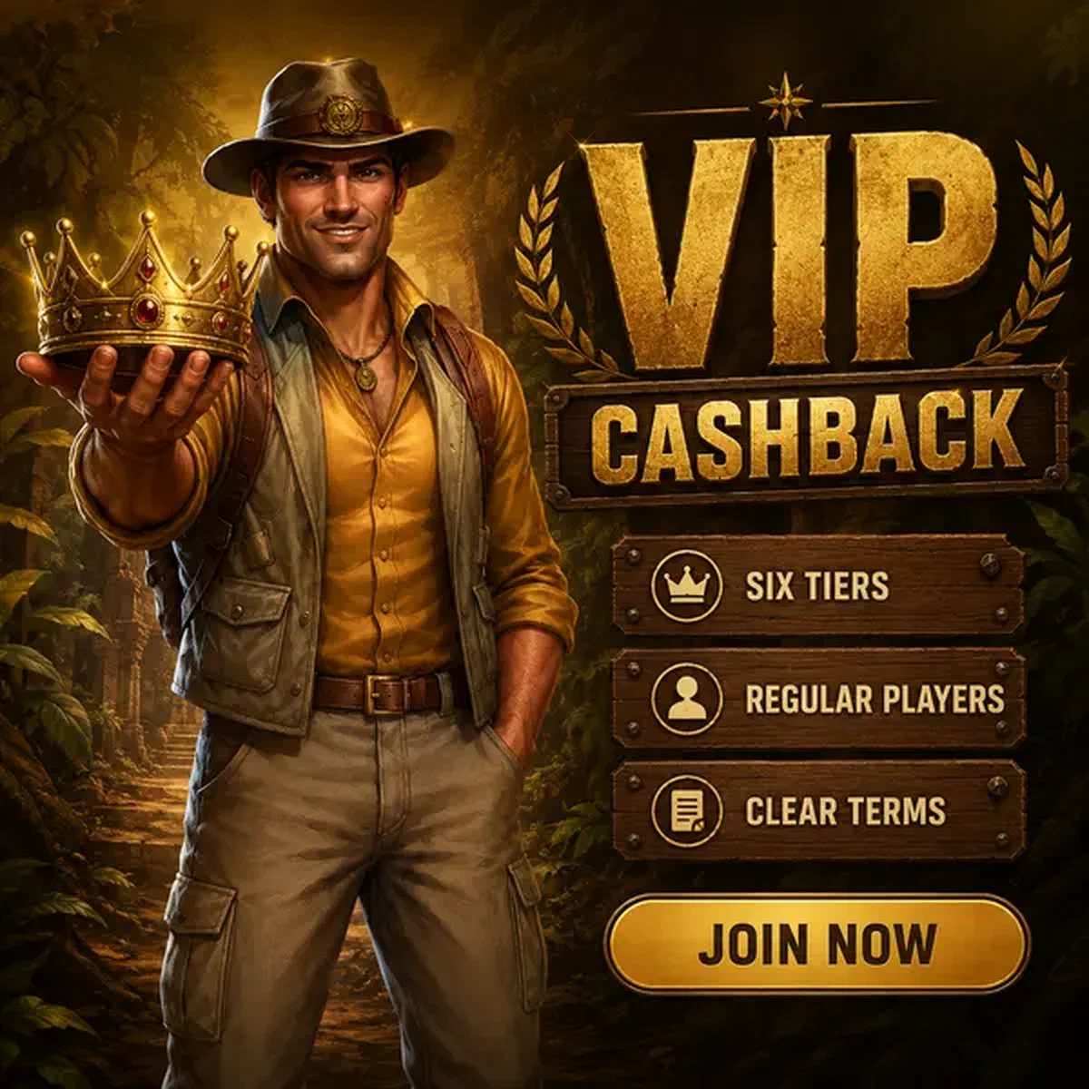 El Pathfinder presentando corona VIP dorada en VIP Cashback Stack Casino con recompensas de bono