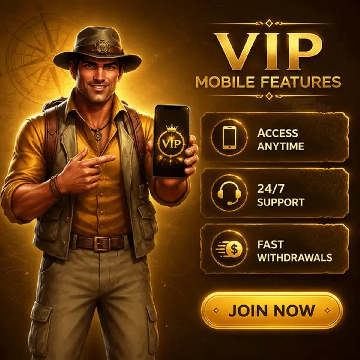 Pathfinder mostrando funciones VIP de la app móvil con emblema dorado en pantalla