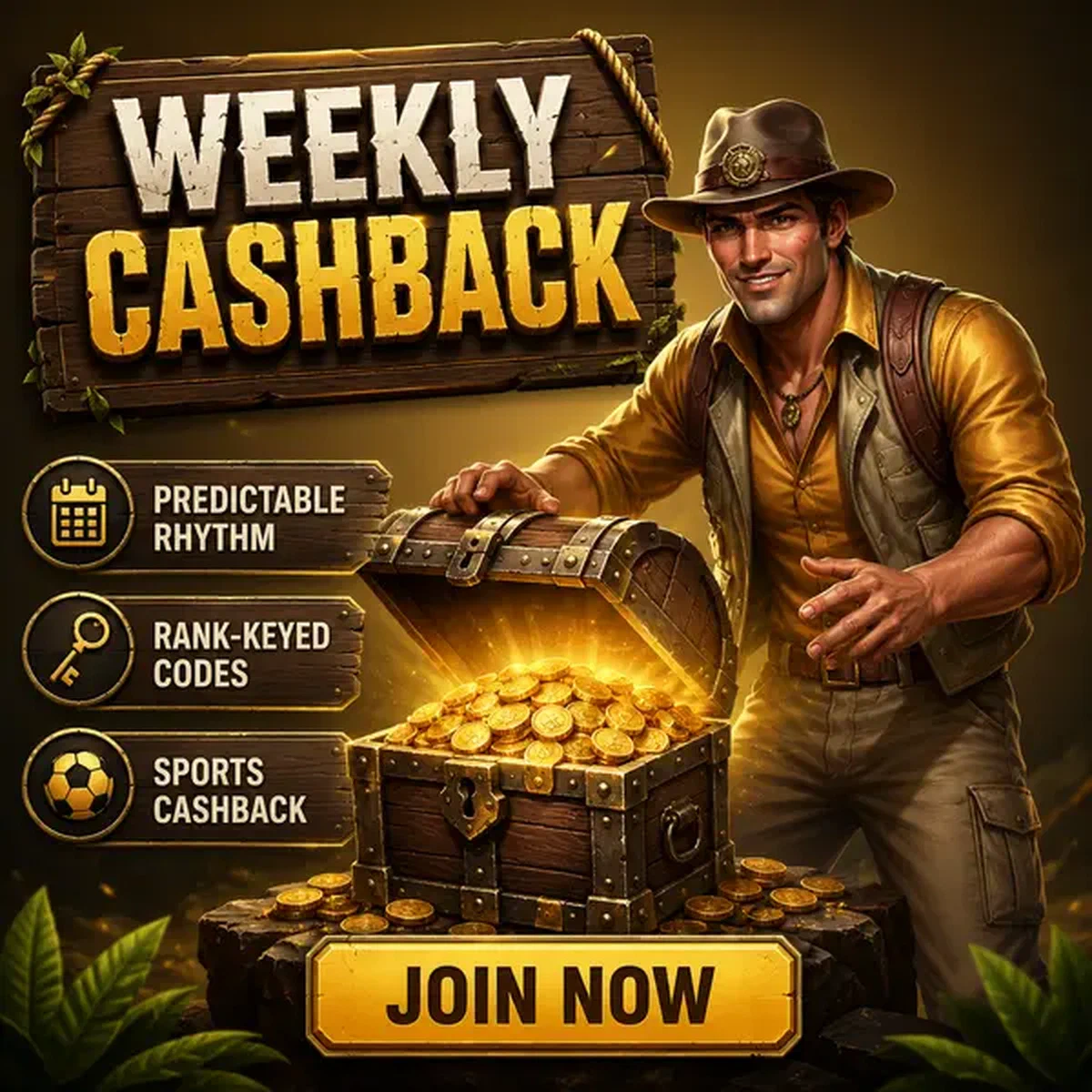 Cofre del tesoro de Cashback Semanal se abre mientras explorador encuentra recompensas de bono en sitio de aventura