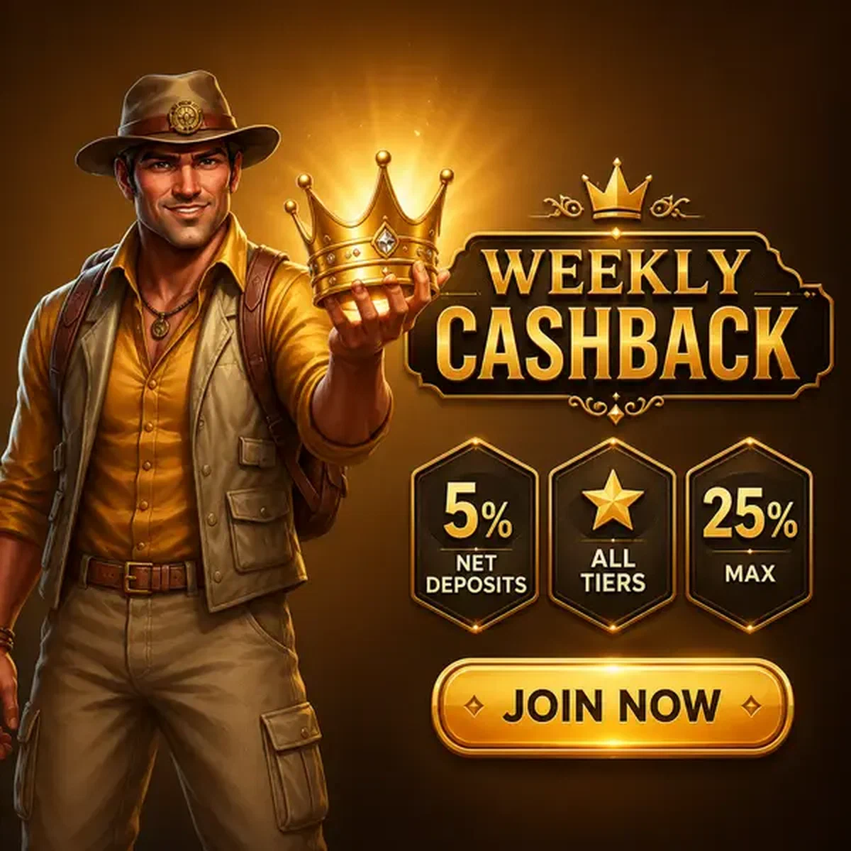 El Explorador sostiene corona dorada en el portal de login de Cashback Semanal y Rolldorado Slots Casino
