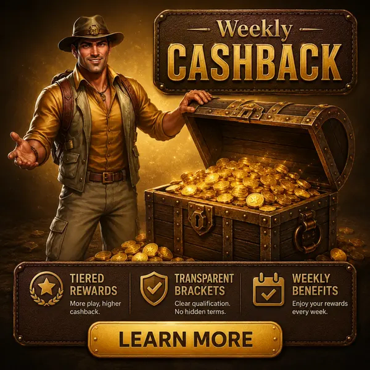 Personaje Pathfinder abriendo cofre del tesoro revelando recompensas de cashback semanal de tragaperras en casino temático de aventuras