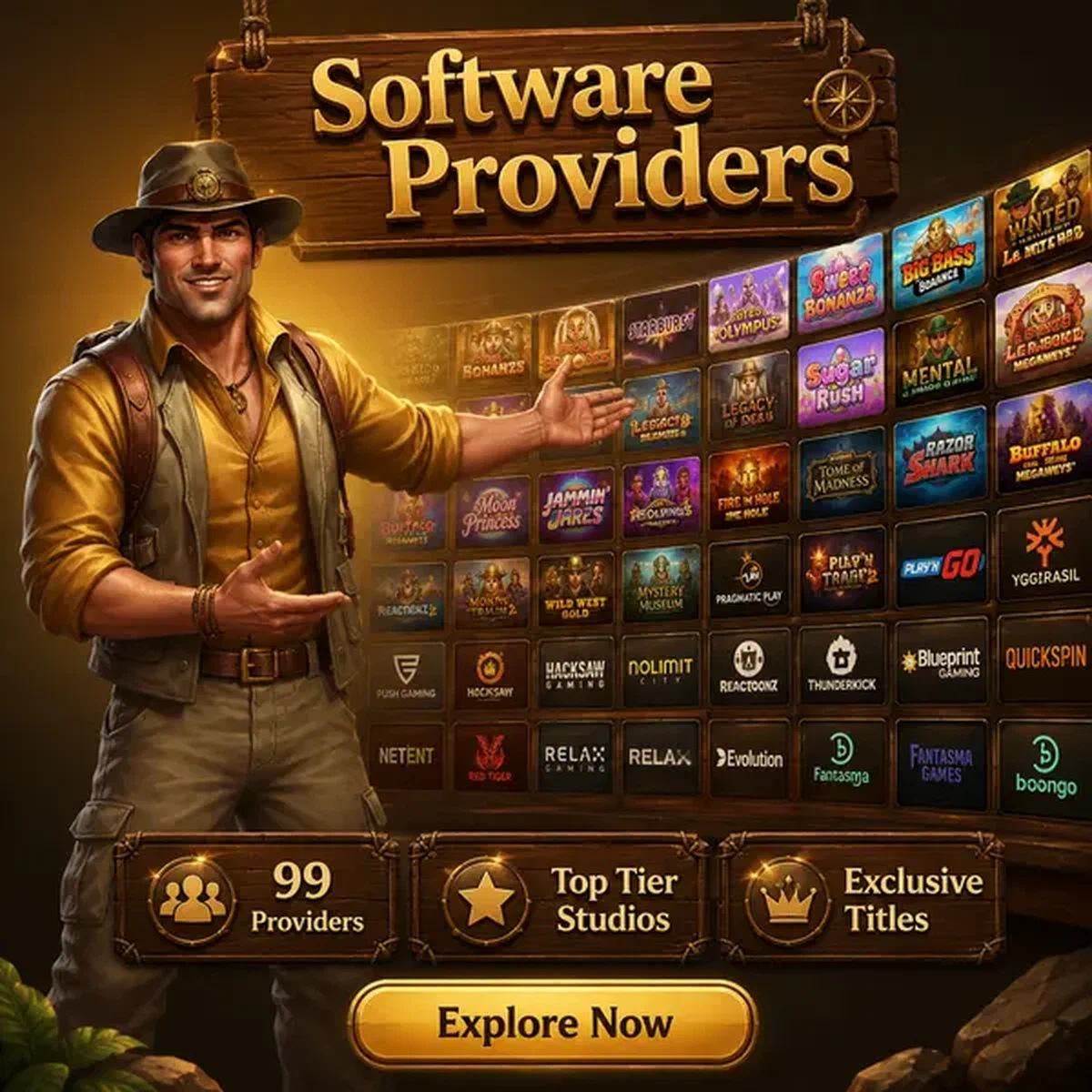 Pathfinder showcasing software providers at Rolldorado with glowing game tiles