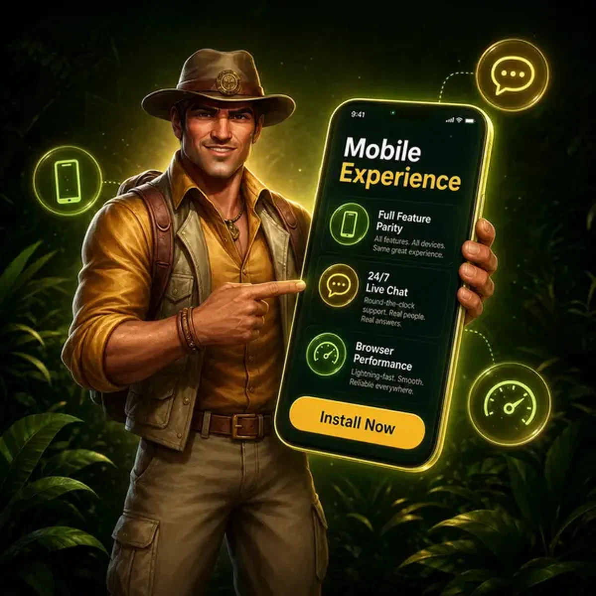 The Pathfinder exploring Rolldorado Casino mobile app interface in digital jungle setting